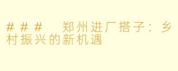 ### 郑州进厂搭子：乡村振兴的新机遇