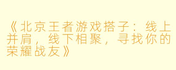 《北京王者游戏搭子：线上并肩，线下相聚，寻找你的荣耀战友》