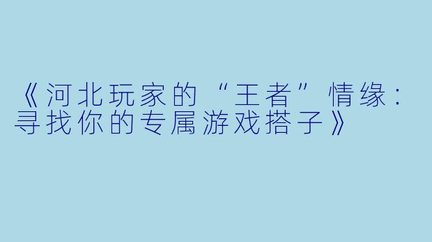 《河北玩家的“王者”情缘：寻找你的专属游戏搭子》