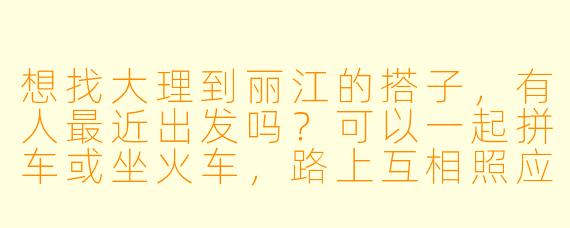 想找大理到丽江的搭子，有人最近出发吗？可以一起拼车或坐火车，路上互相照应，分摊费用，还能结伴逛丽江古城！