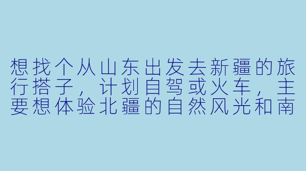 想找个从山东出发去新疆的旅行搭子，计划自驾或火车，主要想体验北疆的自然风光和南疆的人文风情，时间大概15-20天，希望找1-2位性格随和、能分工协作的同伴，费用AA。有类似计划的朋友吗？