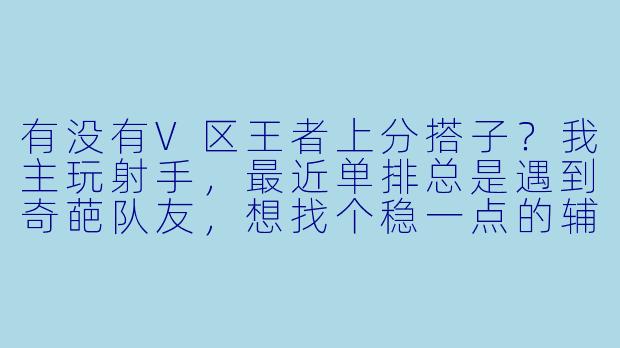 有没有V区王者上分搭子？我主玩射手，最近单排总是遇到奇葩队友，想找个稳一点的辅助或者打野双排，我意识还行不坑，晚上和周末有空，希望找个心态好能沟通的一起上分！