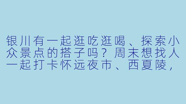 银川有一起逛吃逛喝、探索小众景点的搭子吗？周末想找人一起打卡怀远夜市、西夏陵，或者漫游贺兰山，拍照闲聊随缘，AA制优先，长期短期都可～-银川寻搭子